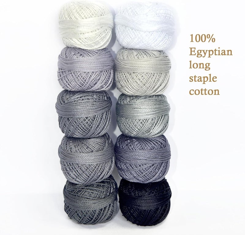 colored bird Double Mercerized Egyptian Long Staple Cotton Pearl Thread Ball 10 Grams Rainbow Color Embroidery Thread 10 Colors per Box for Crochet Hardanger Cross Stitch Hand Embroidery,Grey Series - Image 2